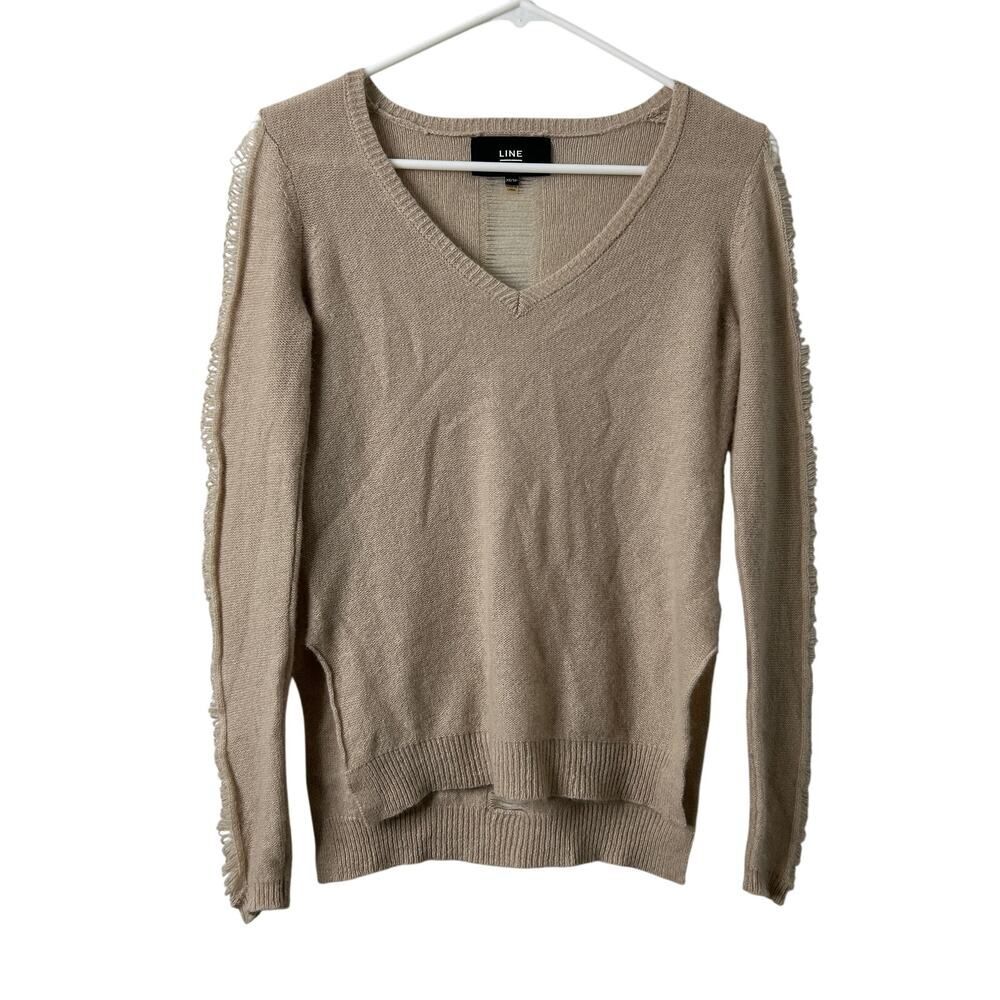 LINE Cashmere V Neck Distressed Pullover Sweater Cream Beige Womens XS
